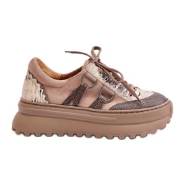 Sneakers i læder til kvinder på platformen Maciejka 06562-10 Dark Beige