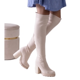 Lija lange, beige højhælede slip-on støvler