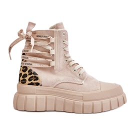 Platformstøvler til kvinder med dekorativ snøre, Leopard Lys Beige Edidda