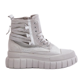 Høje sneakers til kvinder på en massiv platform med dekoration, grå Zaidria
