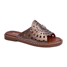 Skinnende dameflip-flops med kobberdekoration brun