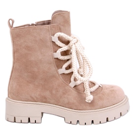 Smilløse Khaki ankelstøvler med snøre og tykke snørebånd beige