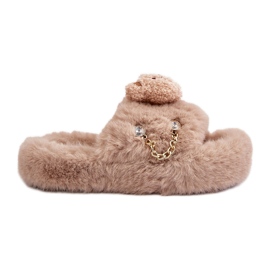 Beige Innalise pelssko til kvinder med en bamse og dekorative elementer