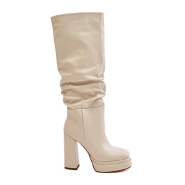 Slip-on støvler på høj hæl og platform med ruching, varm lys beige Beridra
