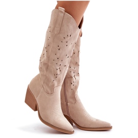 Over-knæ cowboystøvler med gennembrudt mønster, lys beige Innathoria