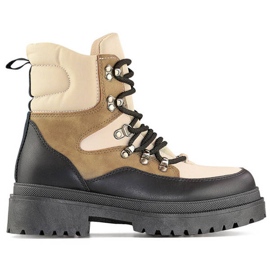 Kvinders beige og sorte ankelstøvler med snøre A-852KH