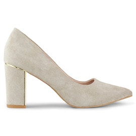 Damepumps med spids tå med dekorativ hæl, ruskind beige GD-DO112A-BE