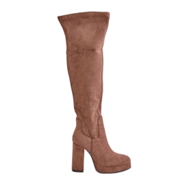 Højhælede og platformsstøvler med overdel over knæet, Eco Suede Dark Beige Zistaria
