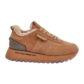 Damesneakers i ruskind med pels og skinnende element Big Star OO274578 Hi-Poly System Camel brun