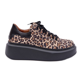 Leopard Leopard Læder Platform Sneakers Zazoo 3346 Brun-Sort