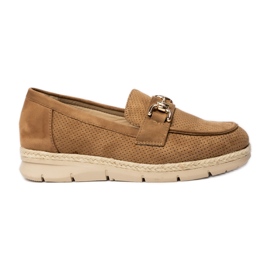 Perforerede kvinders loafers med en gylden dekorationskamel beige