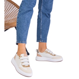 Beige kvindes sneakers til velcro dekoreret med glitter