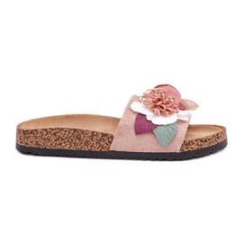 Kvinders flip flops med blomster på en korkplatform lyserød