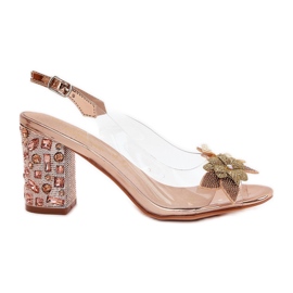 S.Barski Gennemsigtige sandaler med blomster på den dekorerede hæl MR38-331 Pink Gold gylden