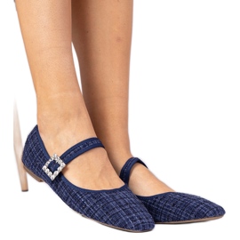 Navy Blue Women's Ballerinas med en spænde og krystaliki blå