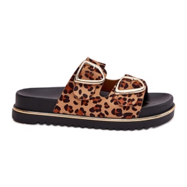 Kvinders hjemmesko med leopardprint på platformen med gyldne klemmer brune