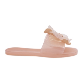Gennemsigtig flad kvinders flip flops med kunstig nøgenblomst beige