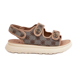 Kvinders mønstrede materiale sandaler med gyldne detaljer khaki beige
