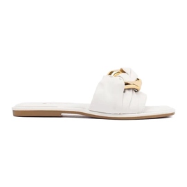 Kvinders flade hvide flip flops med en gylden dekoration