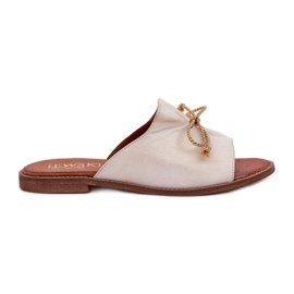 Læder flad elegant flip flops med en bue Lewski 3572 zloty tørret gylden