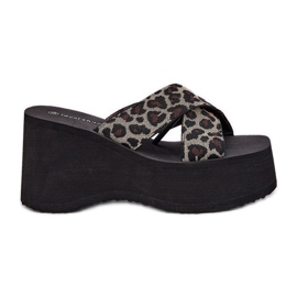 Kvinders flip flops på kile og platform leopard print sort beige