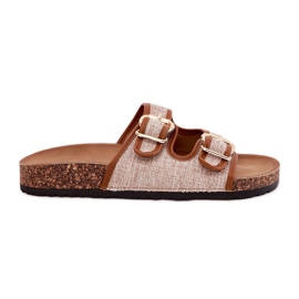 Kvinders materiale flip flops på en korkplatform med kamelspænder brun
