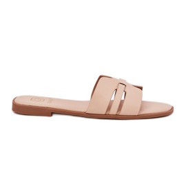 Flat -Hælede kvinders flip flops med øko læderudskæringer beige