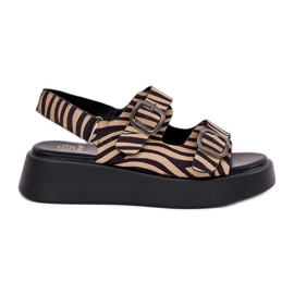 Kvinders sandaler på platformen og kiler med spænder beige-sort zebra