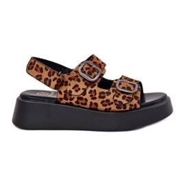 Kvinders sandaler på platformen og kiler med spænder brune leoparder