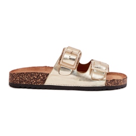 Kvinders flip flops med klemmer på en kork sål så gylden