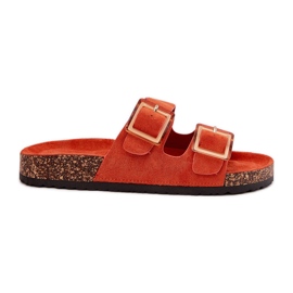 Kvinders flip flops med klemmer på en kork orange sål