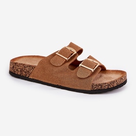 Kvinders flip flops på en korkplatform med kamel gyldne spænder brun