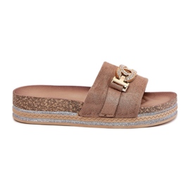 Kvinders hjemmesko med en gylden detalje på platformen med Khaki Glitter beige