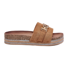 Kvinders flip flops med en gylden detalje på Camel Glitter -platformen brun