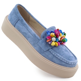 Læder loafers på platformen med perler Blue Filippo DP6765 blå