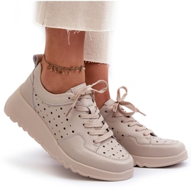 Gennembrudte sneakers til kvinder, naturligt læder, beige S.Barski LR482