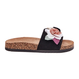 Evento Kvinders flip flops med blomster på korkplatformen sort