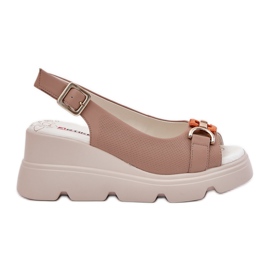 Kvinders lædersandaler på kile og platform med dekoration Artiker 56C2208 Dark Beige