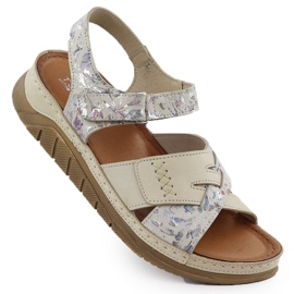 Læder komfortable velcro-sandaler med beige blomster t.sokolski L25-173