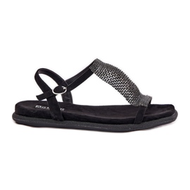 Flad elegante kvinders sandaler med Artiker 56C1370 Crystals Black sort