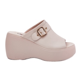 Kvinders læder flip flops på platformen og kiler med Buckle S.Barski LR51-542 Beige