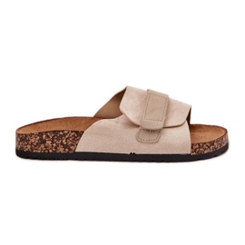 Kvinders flip flops med velcro på en korkplatform beige