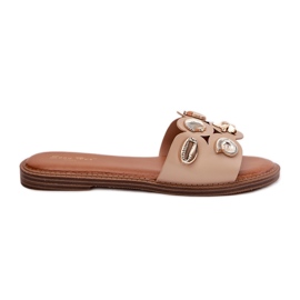 Flat -Hælet kvinder flip flops med gyldne stifter beige