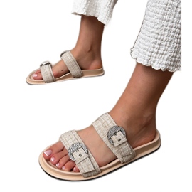 Beige flip flops med striber og zirkoner på klemmerne
