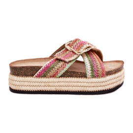 Kvinders flip flops på platformen med fletning og den gyldne klam multikolor flerfarvet