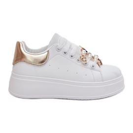 Kvinders sneakers på platformen med stifter, hvidt og guld