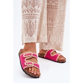 Hæklet kvinder flip flops med gyldne spænder fuchsia lyserød