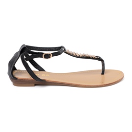 Sorte kvinders sandaler med gyldne dekorationer