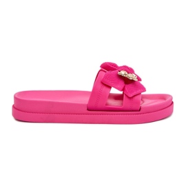Kvinders flip flops med en bue og en gylden broche fuchsia lyserød
