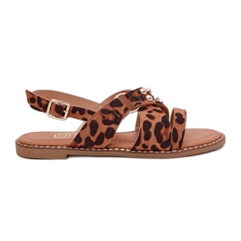 Boto Flat -Hælede kvinders sandaler med gyldne vandhaner leopardprint brun